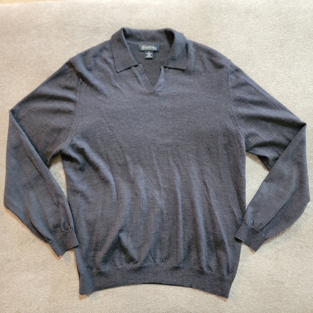 Brooks Brothers 100% Extra Fine Italian Merino Wool Collared V Neck Sweater XL